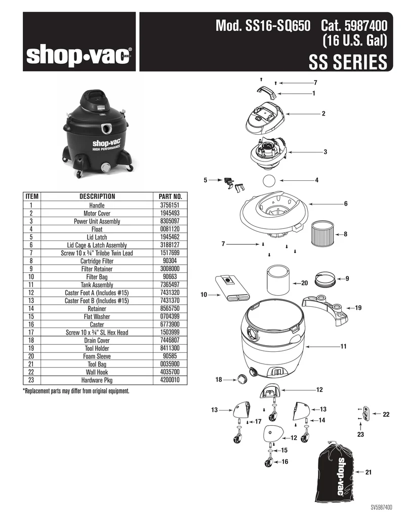 Shop-Vac Parts List for SS16-SQ650 Models (16 Gallon* Black / Yellow Vac w/ SVX2 Motor Technology)