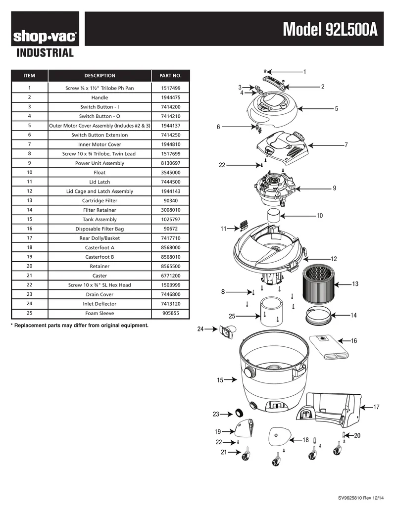 Shop-Vac Parts List for SS16-SQ650 Models (20 Gallon* Black / Yellow Vac w/ SVX2 Motor Technology)