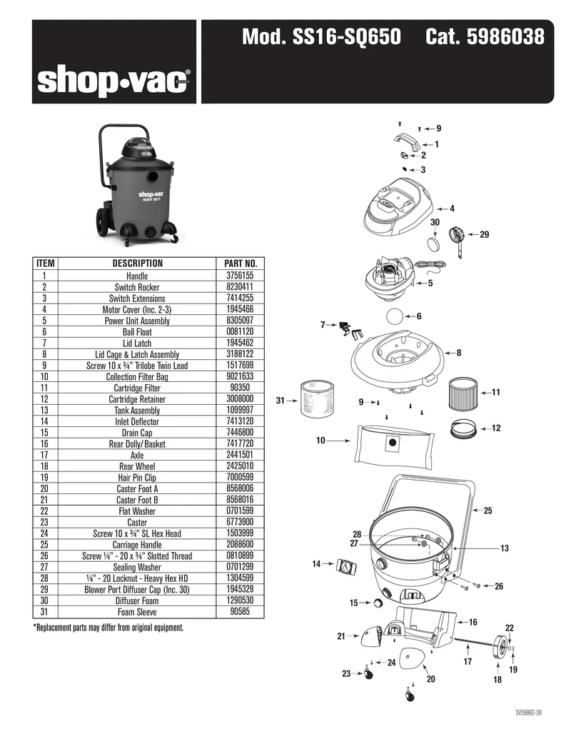 Shop-Vac Parts List for SS16-SQ650 Models (Shop-Vac 14 Gallon* 6.5 Peak HP** Wet/Dry Vacuum with SVX2 Motor Technology)