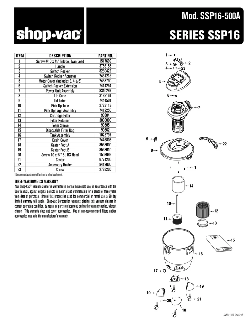 Shop-Vac Parts List for SSP16-500A Models (10 Gallon* Black / Red Pump Vac with Red Tank Inlet)