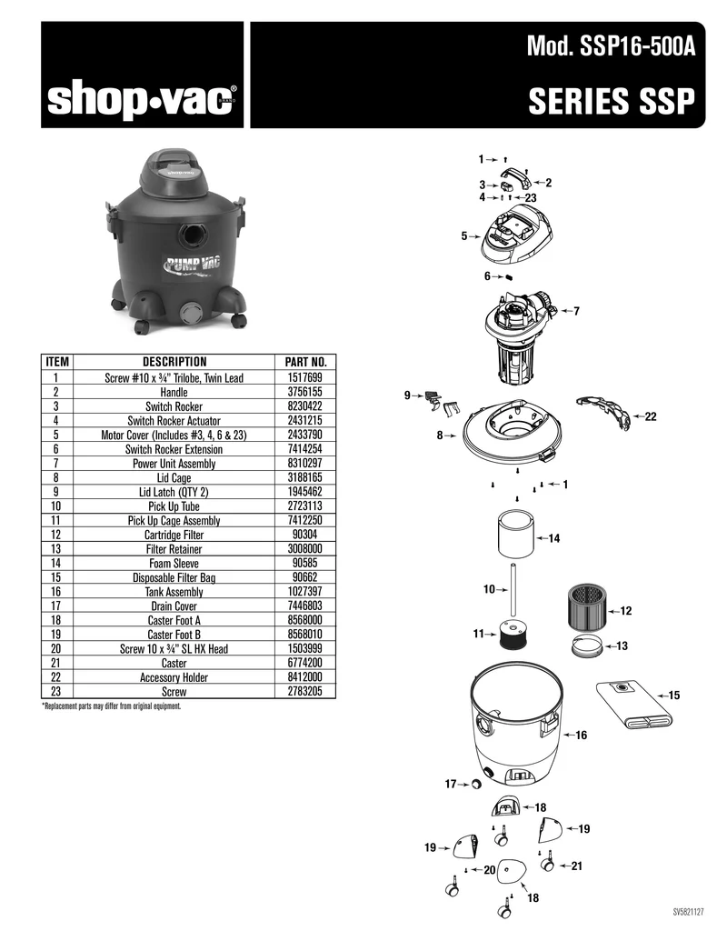 Shop-Vac Parts List for SSP16-500A Models (10 Gallon* Black / Red Pump Vac with Black Tank Inlet)