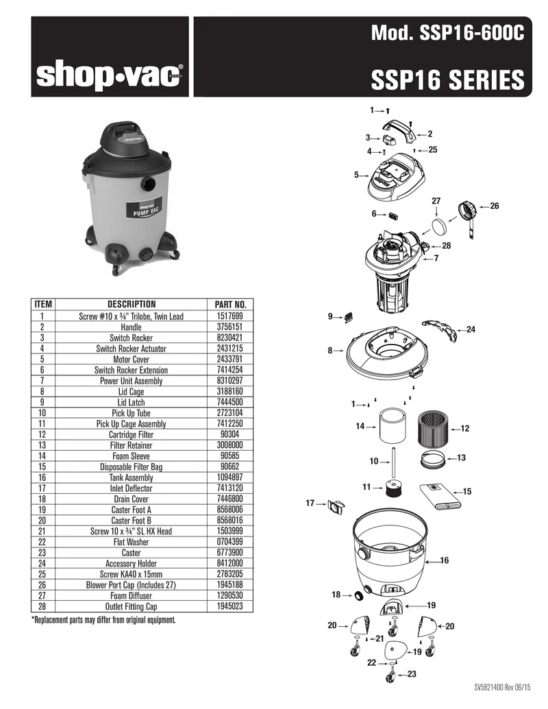 Shop-Vac Parts List for SSP16-600C Models (14 Gallon* Yellow / Black Pump Vac)