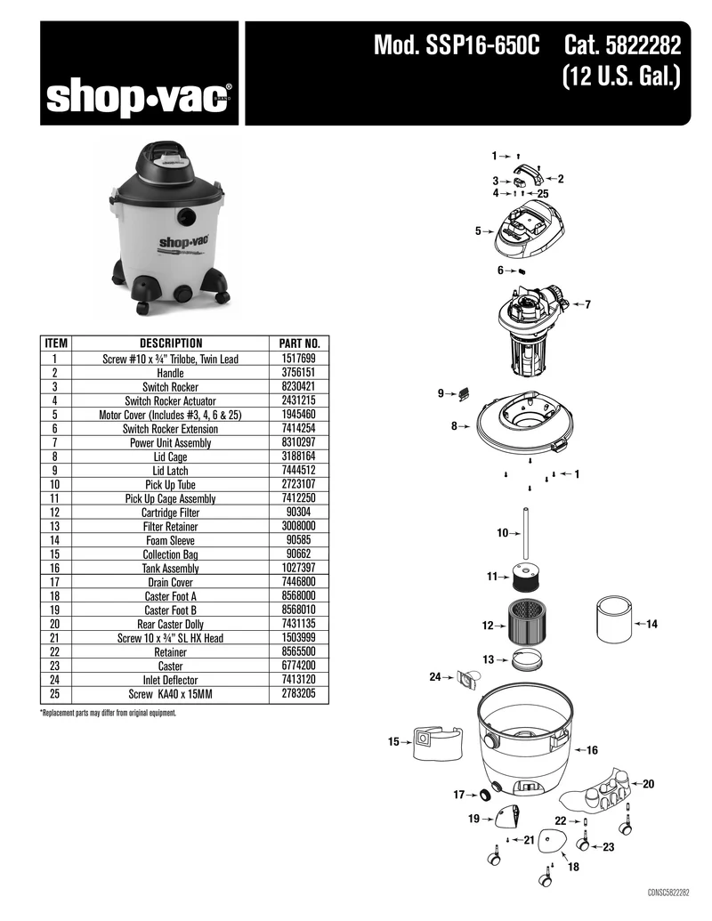 Shop-Vac Parts List for SSP16-650C Models (12 Gallon* Yellow / Black Pump Vac)