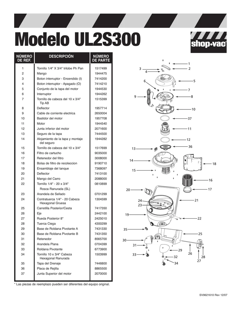 Shop-Vac Parts List for UL2S300 Models (16 Gallon* Black Vac)