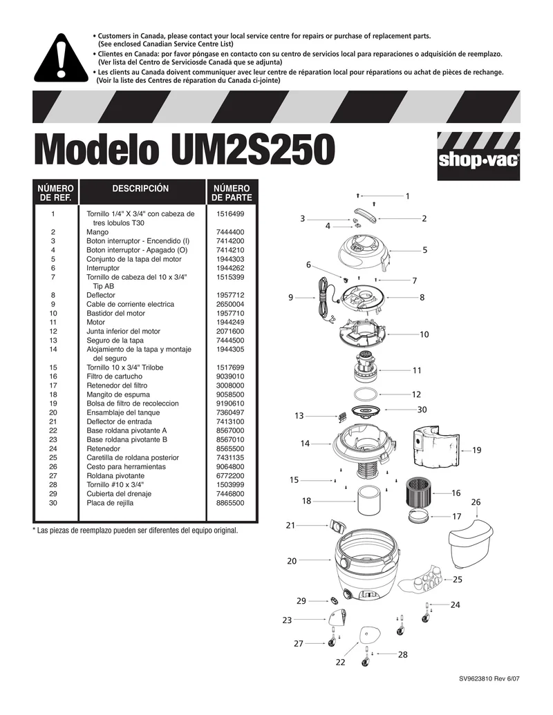 Shop-Vac Parts List for UM2S250 Models (12 Gallon* Yellow / Black Industrial Vac)
