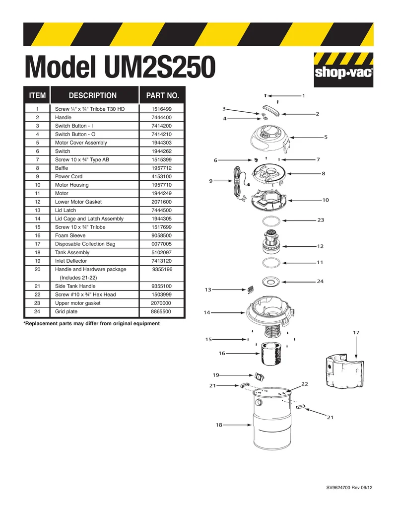 Shop-Vac Parts List for UM2S250 Models (12 Gallon* Black / Stainless Steel vac)