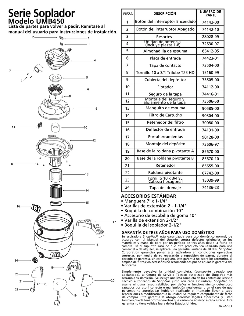 Shop-Vac Parts List for UMB450 Models (12 Gallon* Blower Vac)