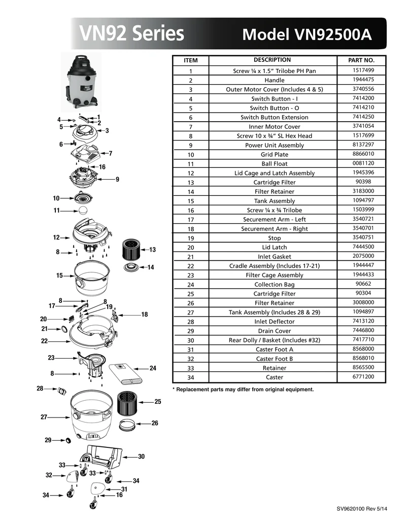 Shop-Vac Parts List for VN92500A Models (14 Gallon* Yellow / Black VacNVac®)