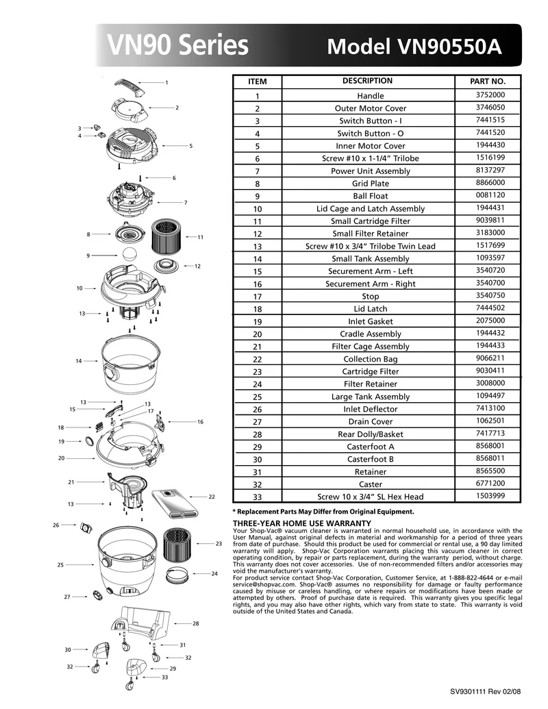 Shop-Vac Parts List for VN90550A Models (14 Gallon* Blue / Gray VacNVac®)