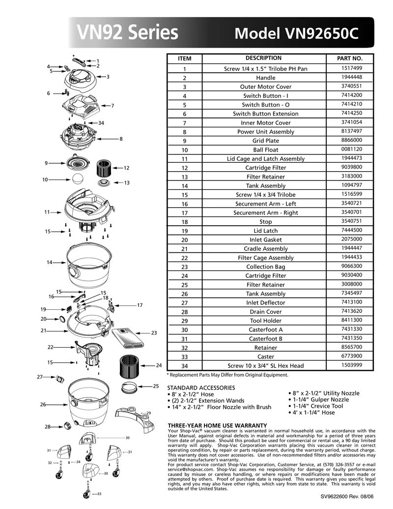 Shop-Vac Parts List for VN92650C Models (18 Gallon* Red / Black VacNVac® w/ 4 Feet)