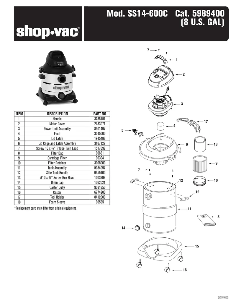 Shop-Vac Parts List for SS14-600C Models (8 Gallon* Black / Red Stainless Steel Vac w/ Tool Holder)