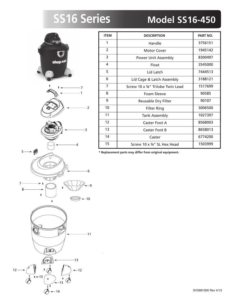 Shop-Vac Parts List for SS16-450 Models (12 Gallon* Green / Gray Vac)