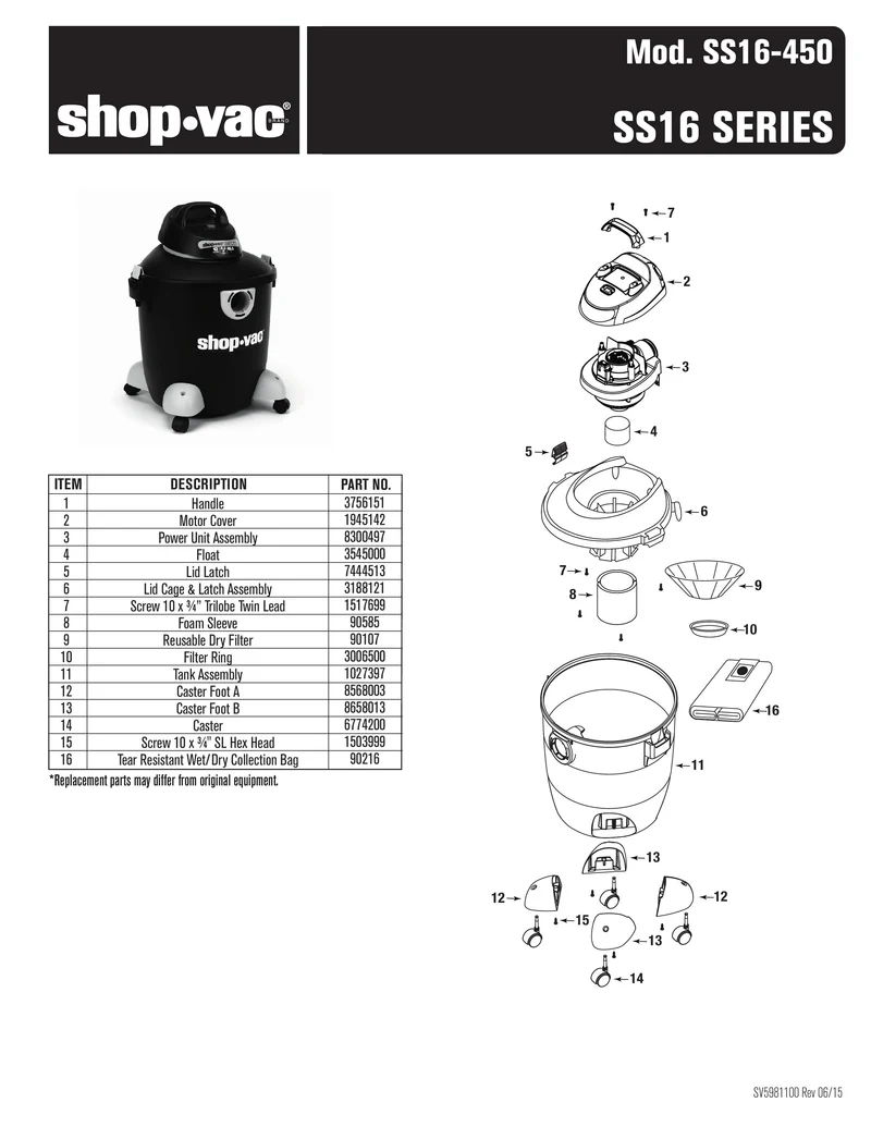 Shop-Vac Parts List for SS16-450 Models (12 Gallon* Black / Gray Vac w/ Tear Resistant Bag)