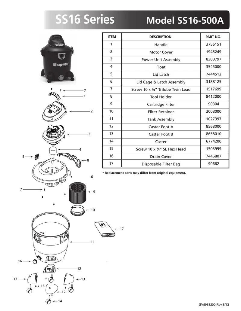Shop-Vac Parts List for SS16-500A Models (12 Gallon* Black / Yellow Vac)