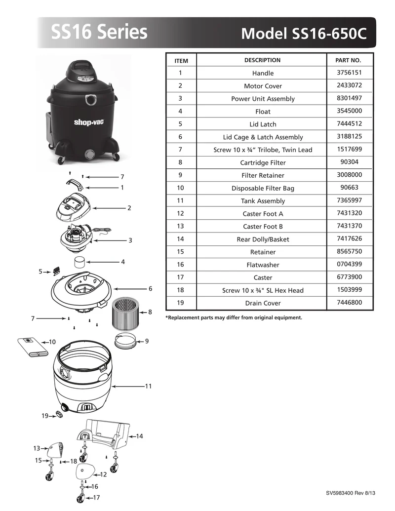 Shop-Vac Parts List for SS16-650C Models (20 Gallon* Black / Yellow Vac)