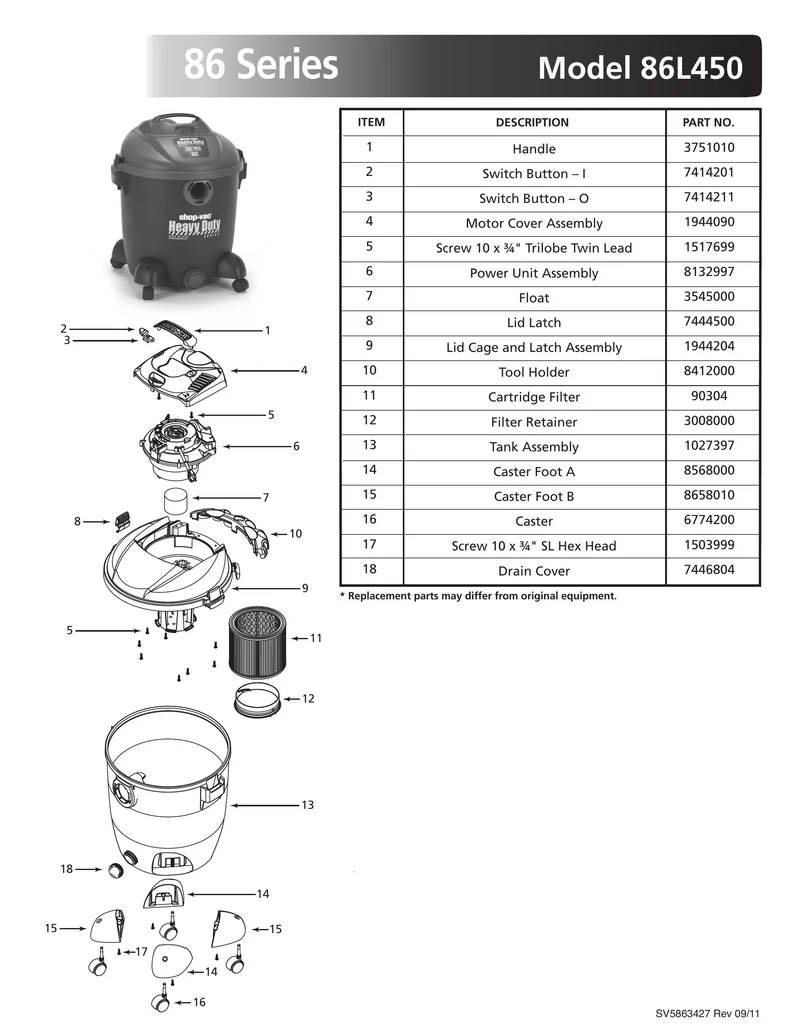 Shop-Vac Parts List for 86L450 Models (12 Gallon* Black / Red Vac)