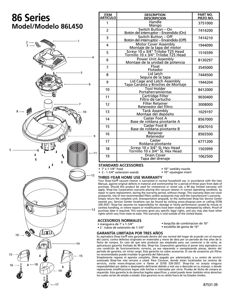 Shop-Vac Parts List for 86L450 Models (12 Gallon* Black Vac w/ Red Accents & Casters)