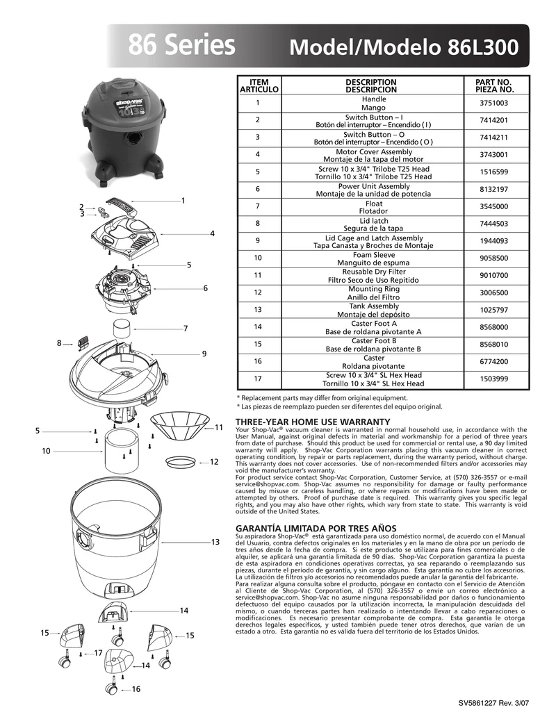Shop-Vac Parts List for 86L300 Models (10 Gallon* Black / Red Vac)