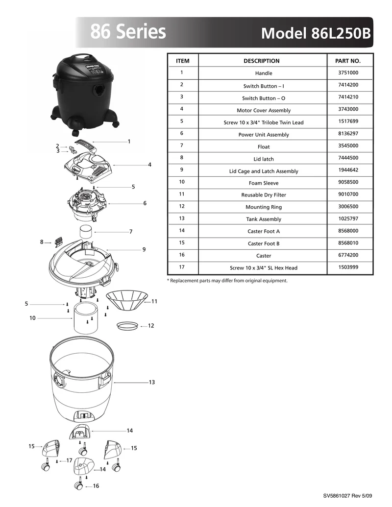 Shop-Vac Parts List for 86L250B Models (10 Gallon* Black Vac)
