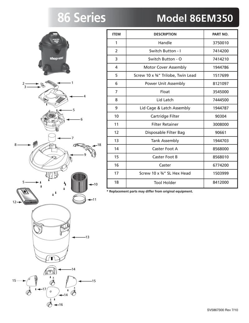 Shop-Vac Parts List for 86EM350 Models (8 Gallon* Black or Black / Gray Vac)