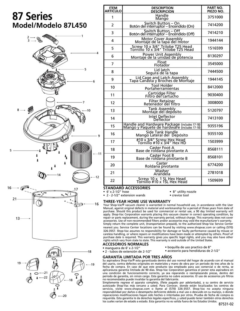Shop-Vac Parts List for 87L450 Models (12 Gallon* Black / Stainless Steel Vac)