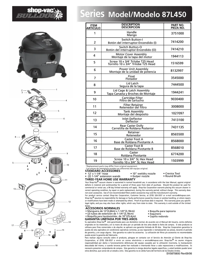 Shop-Vac Parts List for 87L450 Models (8 Gallon* Red / Black Bulldog® Vac w/ Rear Dolly)