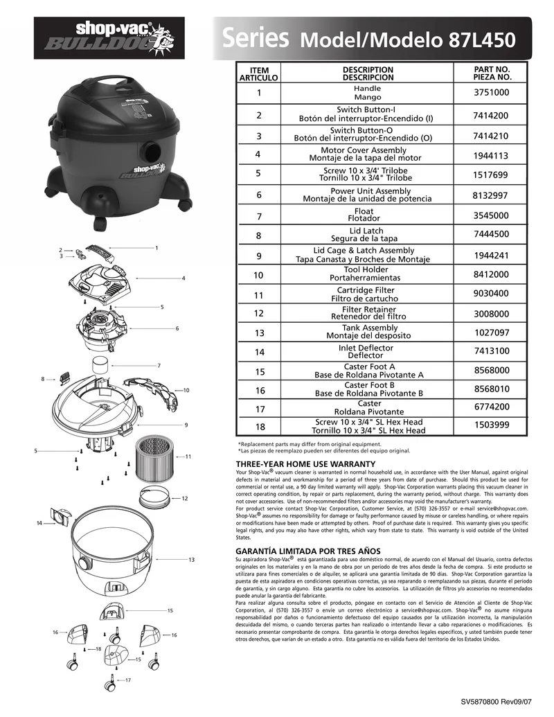Shop-Vac Parts List for 87L450 Models (8 Gallon* Red / Black Bulldog® Vac)