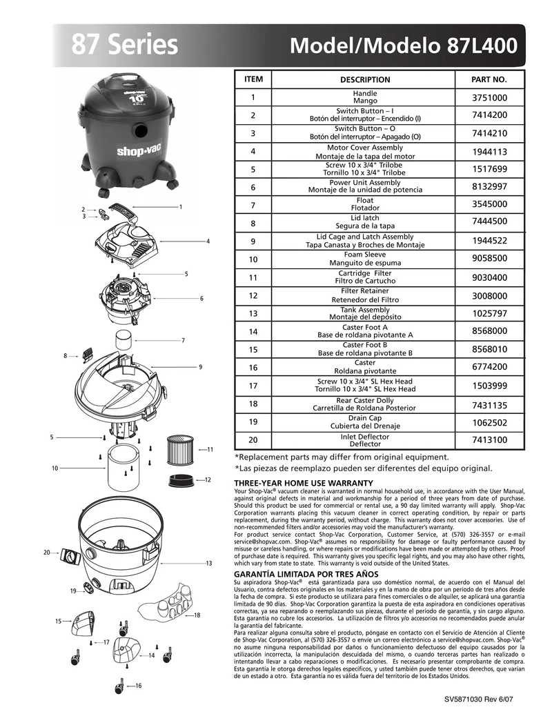Shop-Vac Parts List for 87L400 Models (10 Gallon* Gray / Black Vac)