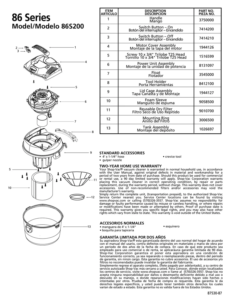 Shop-Vac Parts List for 86S200 Models (2.5 Gallon* Red / Black Vac)