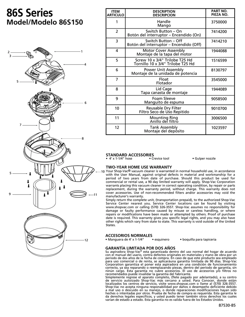 Shop-Vac Parts List for 86S150 Models (2.5 Gallon* Gray / Black Vac)