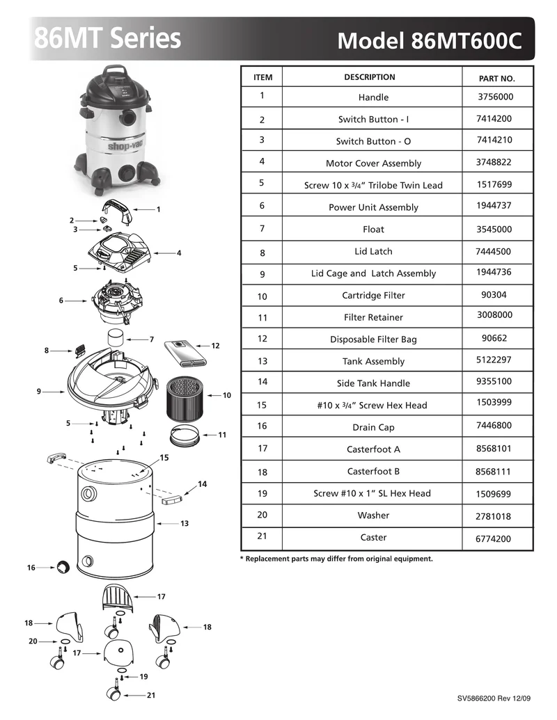 Shop-Vac Parts List for 86MT600C Models (12 Gallon* Black / Stainless Steel Vac)