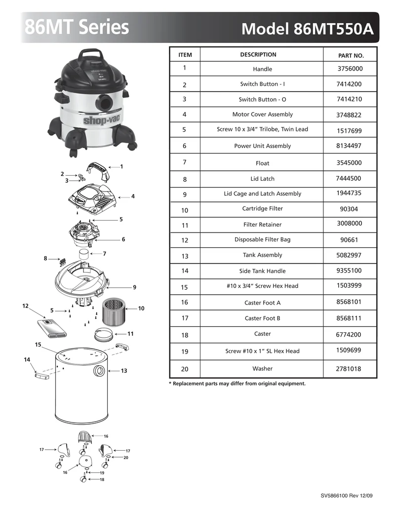 Shop-Vac Parts List for 86MT550A Models (8 Gallon* Black / Stainless Steel Vac)