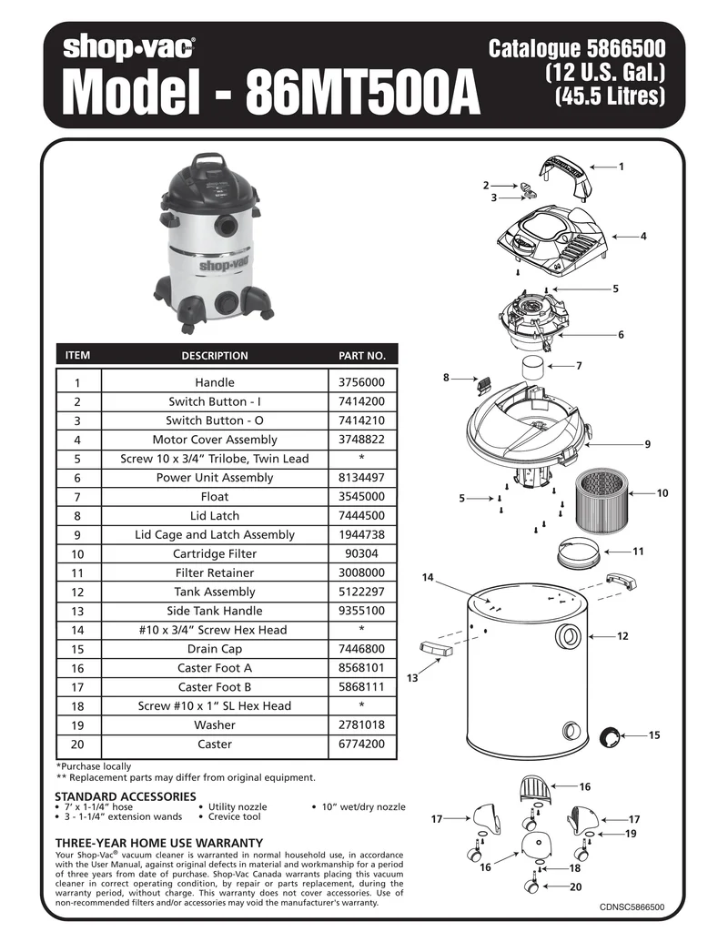 Shop-Vac Parts List for 86MT500A Models (12 Gallon* Black / Stainless Steel Vac)