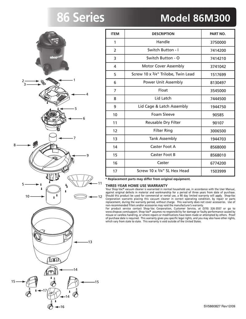 Shop-Vac Parts List for 86M300 Models (8 Gallon* Red / Black Vac)
