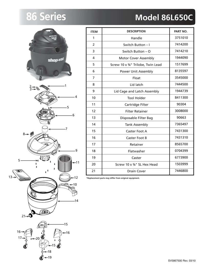 Shop-Vac Parts List for 86L650C Models (16 Gallon* Gray / Black Vac w/ Collection Bag)