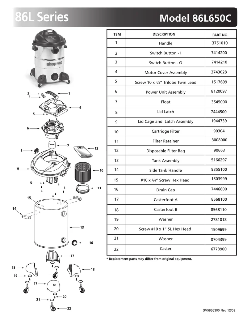 Shop-Vac Parts List for 86L650C Models (16 Gallon* Black / Stainless Steel Vac w/ Four Caster Feet)