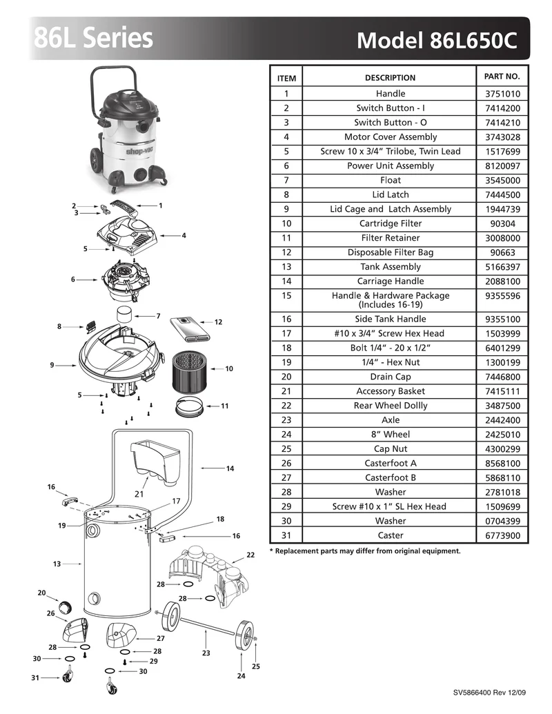 Shop-Vac Parts List for 86L650C Models (16 Gallon* Black / Stainless Steel Vac w/ Transport Handle and Rear Wheel Dolly)