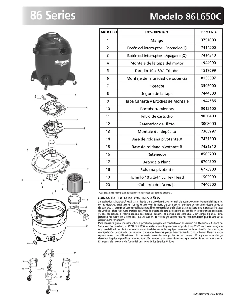 Shop-Vac Parts List for 86L650C Models (20 Gallon* Gray / Black Vac w/ Four Caster Feet)