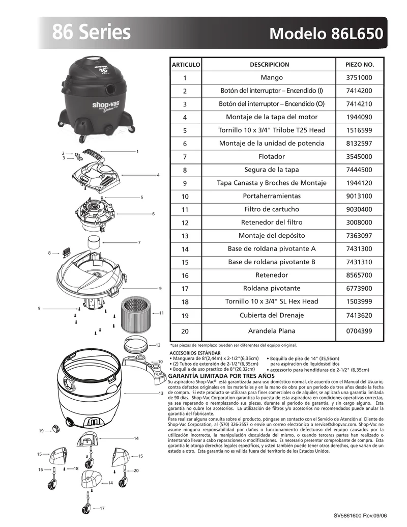Shop-Vac Parts List for 86L650 Models (16 Gallon* Vac)