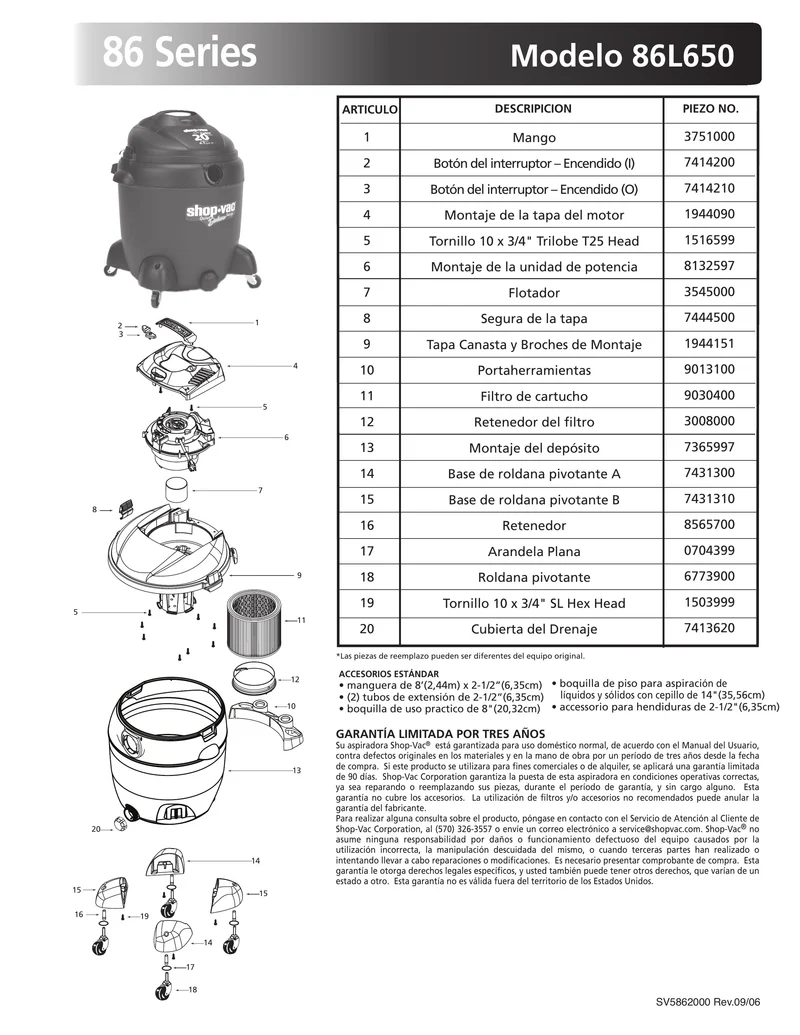 Shop-Vac Parts List for 86L650 Models (20 Gallon* Vac)