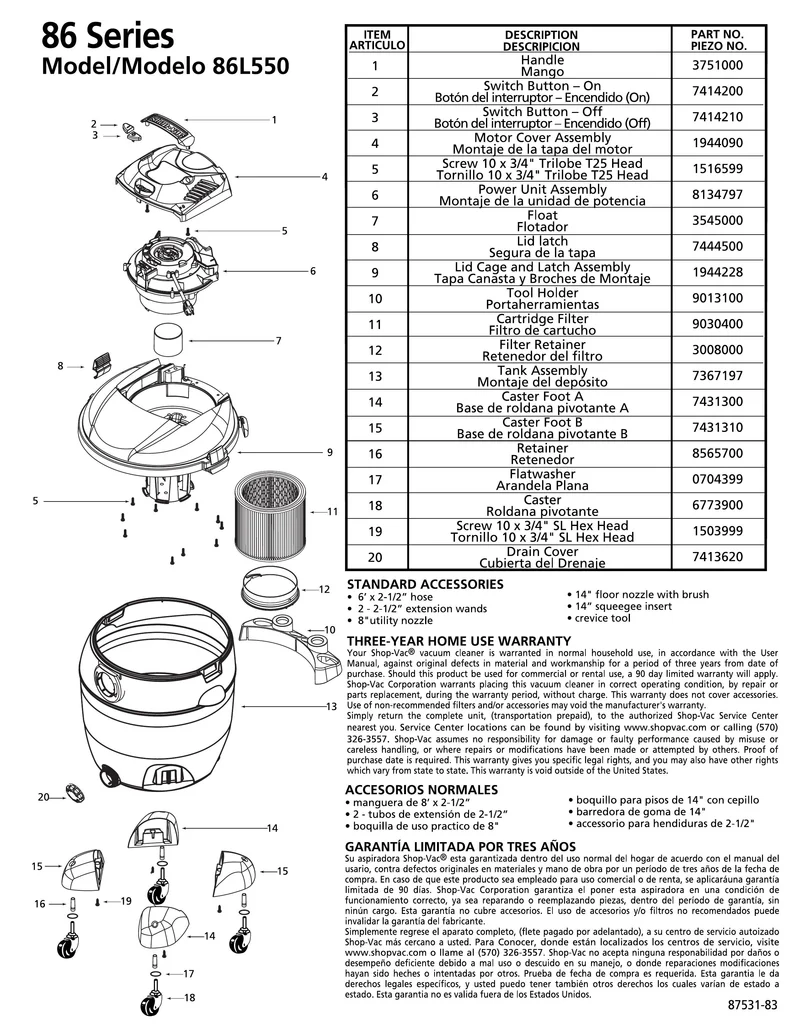 Shop-Vac Parts List for 86L550 Models (16 Gallon* Gray / Black Vac)