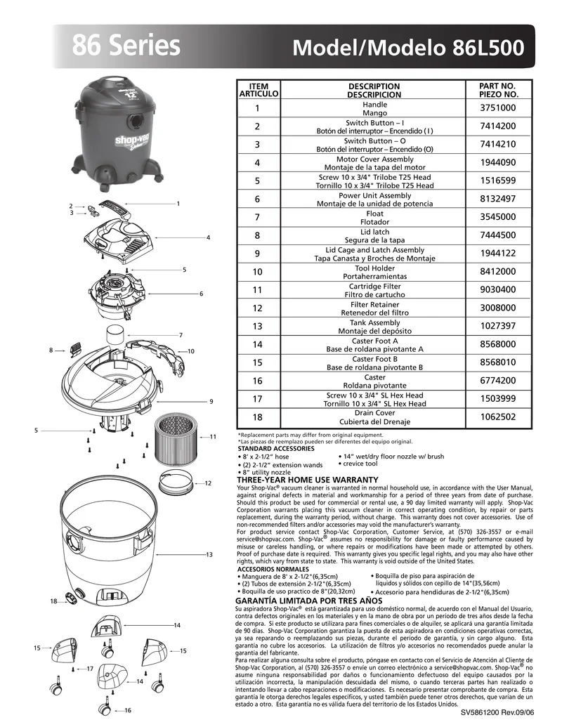 Shop-Vac Parts List for 86L500 Models (12 Gallon* Gray / Black Vac)