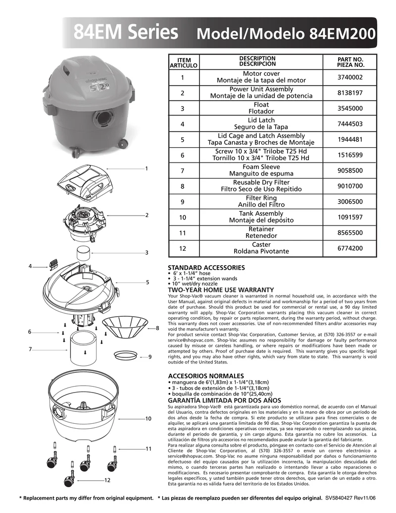 Shop-Vac Parts List for 84EM200 Models (5 Gallon* Black / Red Vac)