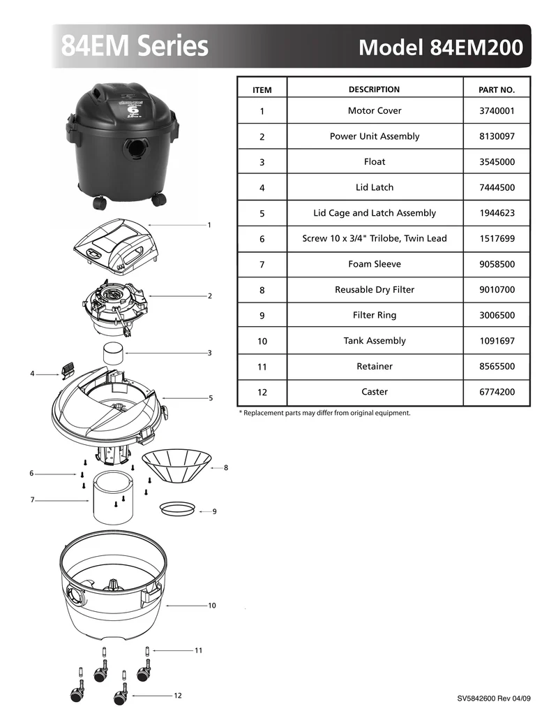 Shop-Vac Parts List for 84EM200 Models (6 Gallon* Black Vac)