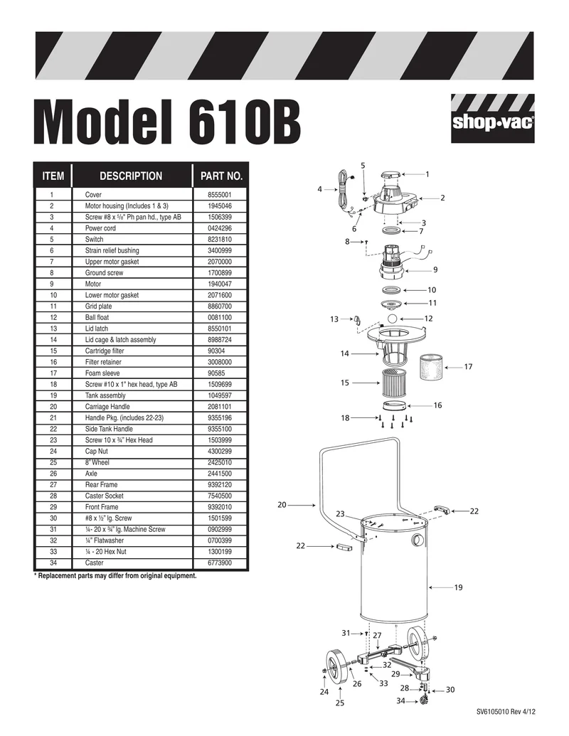 Shop-Vac Parts List for 610B Models (10 Gallon* Black / Industrial Stainless Steel Vac w/ 3 wheel dolly & carriage handle)