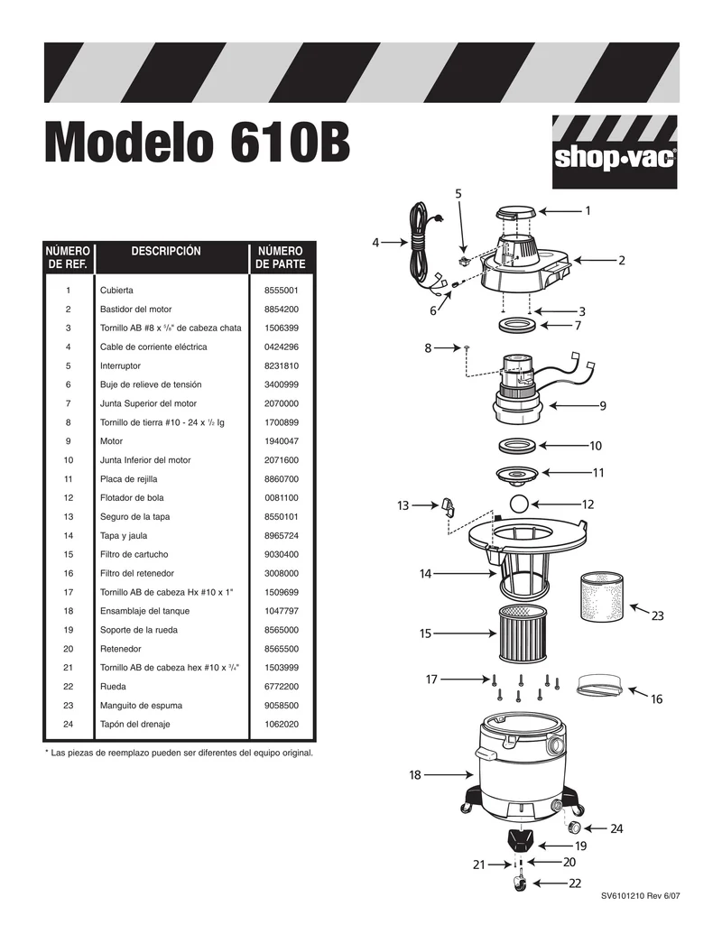 Shop-Vac Parts List for 610B Models (12 Gallon* Black / Yellow Vac)