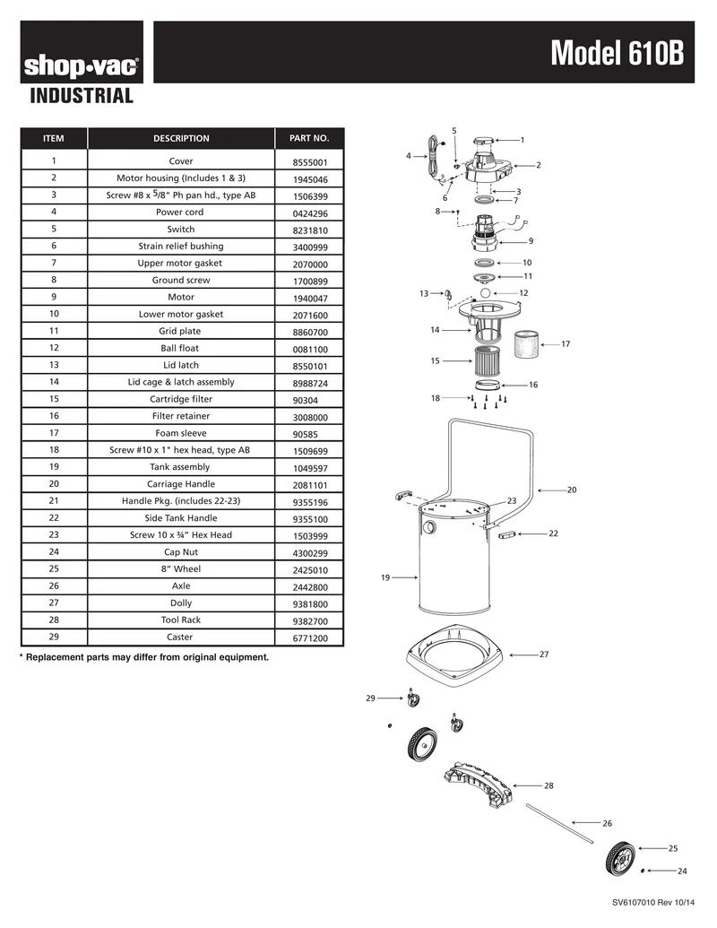 Shop-Vac Parts List for 610B Models (10 Gallon* Black / Industrial Stainless Steel Vac w/ full circumference dolly)