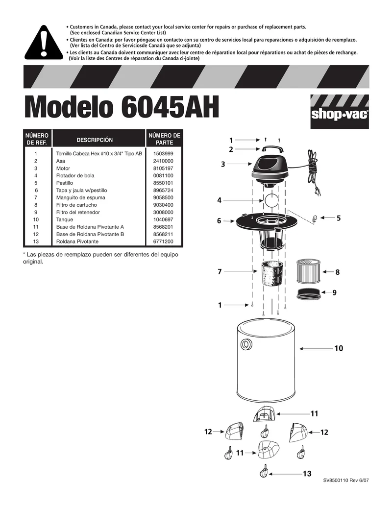 Shop-Vac Parts List for 6045AH Models (6 Gallon* Black / Stainless Steel Industrial Vac w/ 4 caster feet)