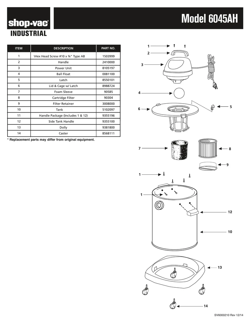 Shop-Vac Parts List for 6045AH Models (10 Gallon* Black / Stainless Steel Industrial Vac w/ full circumference dolly)