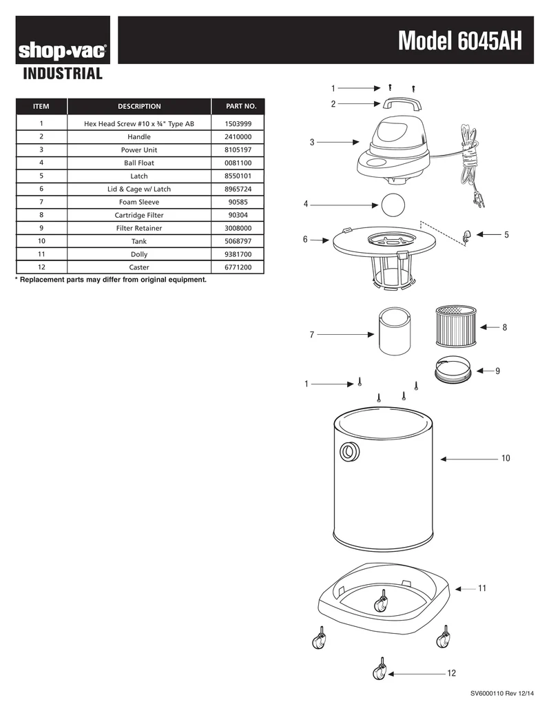 Shop-Vac Parts List for 6045AH Models (6 Gallon* Black / Stainless Steel Industrial Vac w/ full circumference dolly)